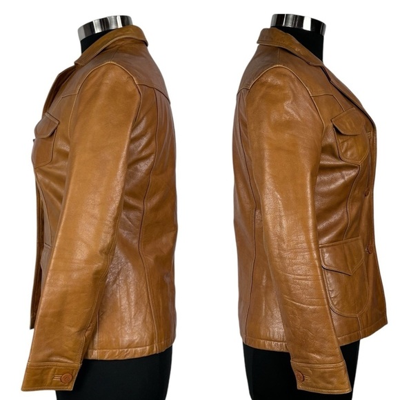 STEVE MADDEN Y2K RETRO 70'S CARAMEL LEATHER BUTTON DOWN CAR COAT JACKET - Picture 6 of 15